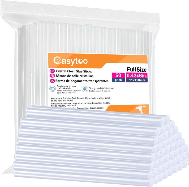 EASYTOO Crystal Clear Full Size Hot Glue Gun Sticks, 50 Pack, 0.43x6 Inches, Compatible with Most Glue Guns, Multipurpose for DIY Art Craft General Repairs, Home Decorations and Gluing Projects… - Image 1